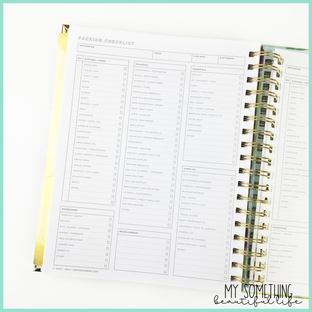 Packing list inside the Day Designer Planner