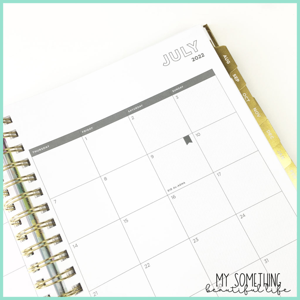 Close up of the monthly calendar inside the Day Designer Planner